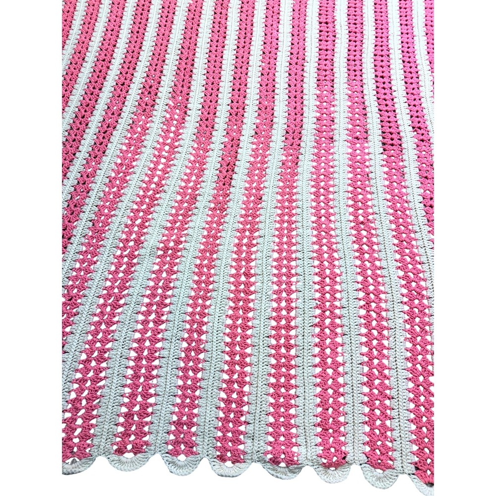 Vintage Handmade Crochet Afghan Blanket Pink White Striped Scalloped Edge 80x64 - Picture 2 of 6
